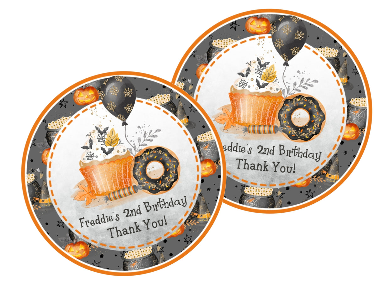 Personalized spooky treats party label in orange and black