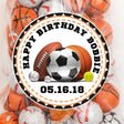 Personalized sports birthday sticker with assorted sports balls and name
