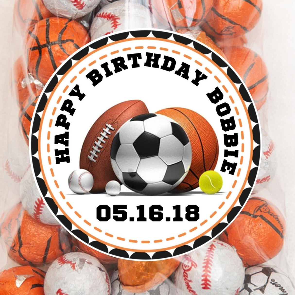 Personalized sports birthday sticker with assorted sports balls and name