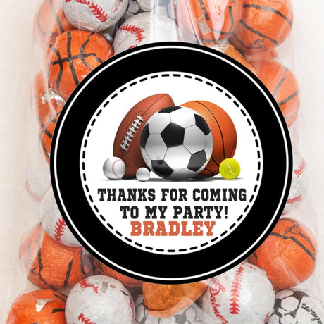Personalized sports birthday sticker with black stitched border and multi-sport ball design