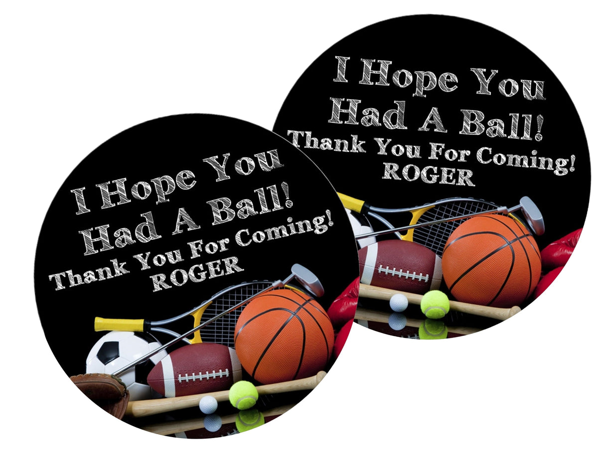 Personalized sports party favor label with assorted sports equipment