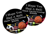 Personalized sports party favor label with assorted sports equipment