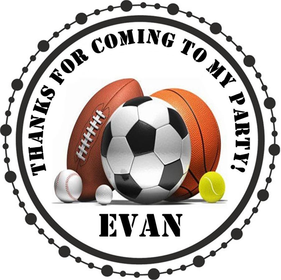 Personalized sports party sticker with black dotted border