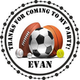 Personalized sports party sticker with black dotted border