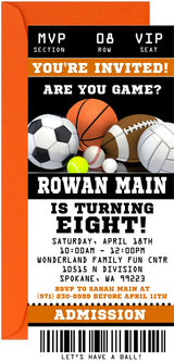 Personalized sports ticket invitation featuring soccer football basketball baseball and volleyball graphics
