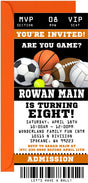 Personalized sports ticket invitation featuring soccer football basketball baseball and volleyball graphics