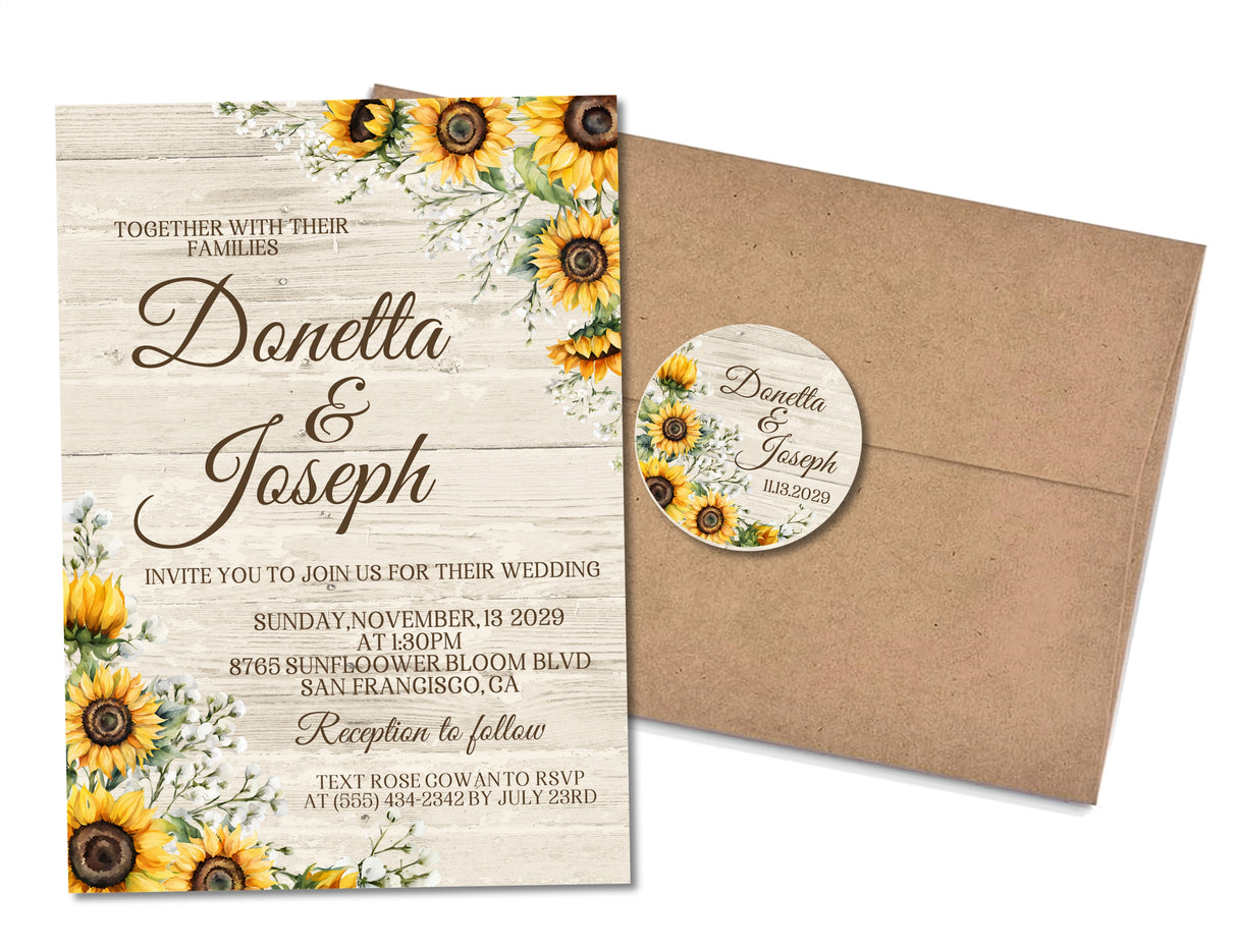 Personalized sunflower wedding invitation with matching RSVP card for rustic weddings, anniversaries, and vow renewals.
