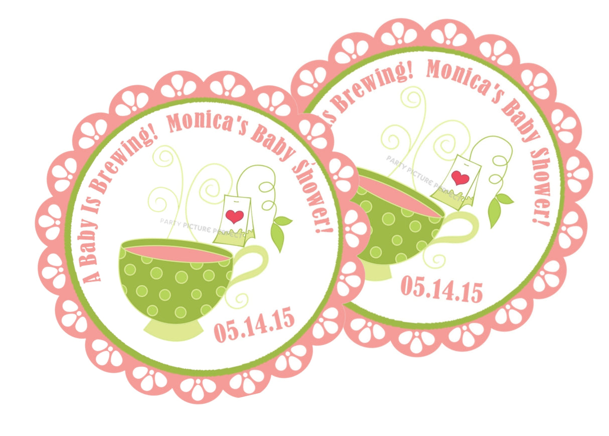 Personalized teacup baby shower sticker with pink polka-dot cup