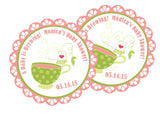 Personalized teacup baby shower sticker with pink polka-dot cup