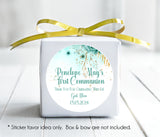 Personalized teal communion favor label for siblings