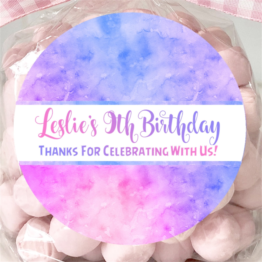 Personalized tie dye party sticker in pastel watercolor theme