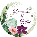 Personalized tropical wedding favor label with greenery