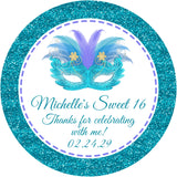 Personalized turquoise mask party favor label with printed glitter