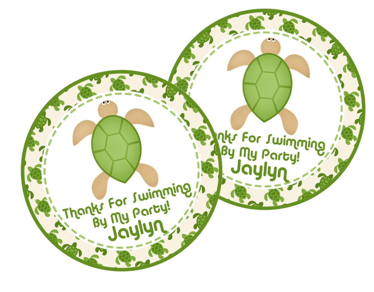 Personalized turtle party favor label with leaf border