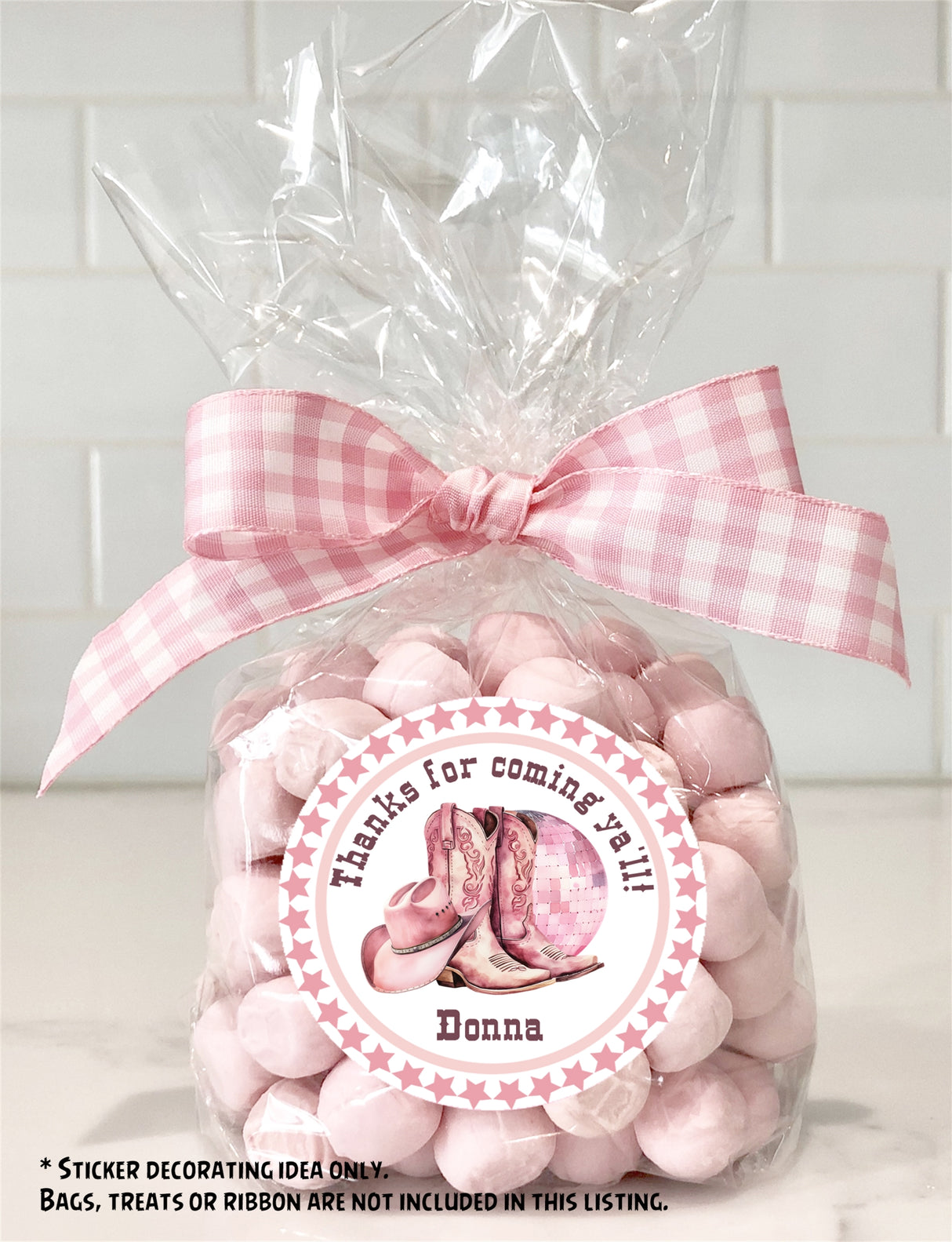 Personalized western party favor sticker in pink