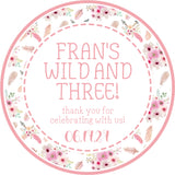 Personalized wild and three party favor sticker
