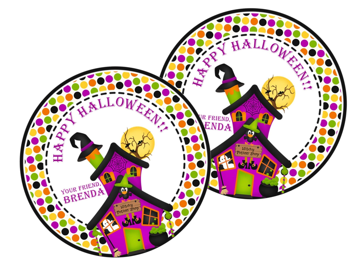 Personalized witch house Halloween favor label with bright purple and green design