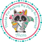 Personalized woodland racoon boho party favor sticker