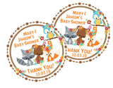 Personalized woodland theme baby shower favor stickers.