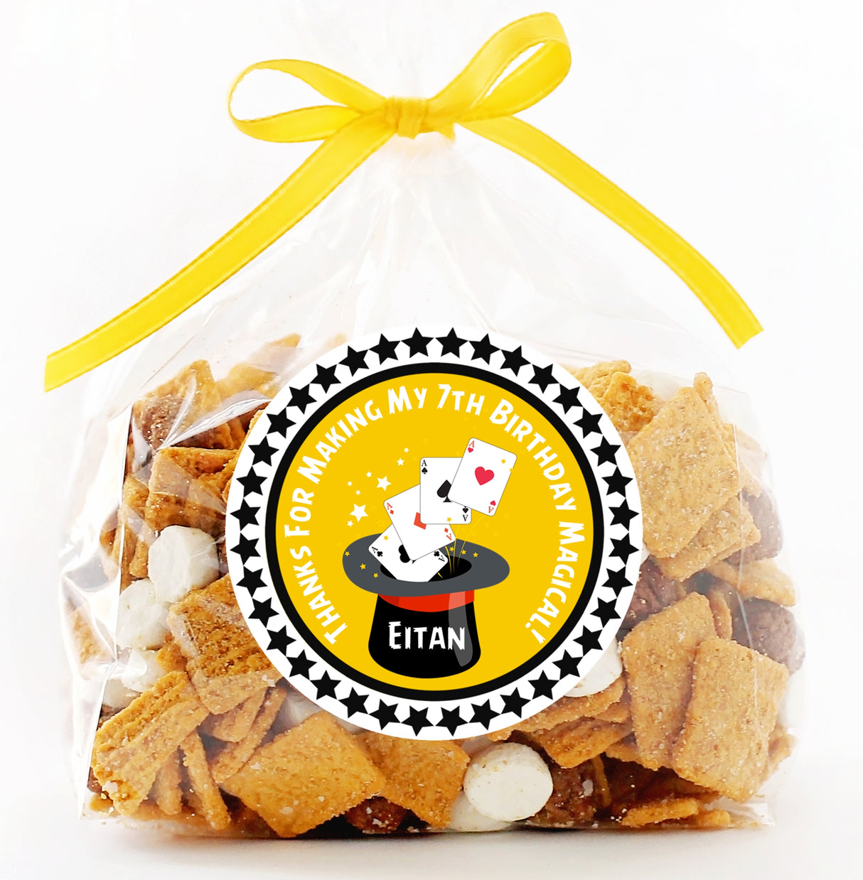 Personalized yellow magician party favor label
