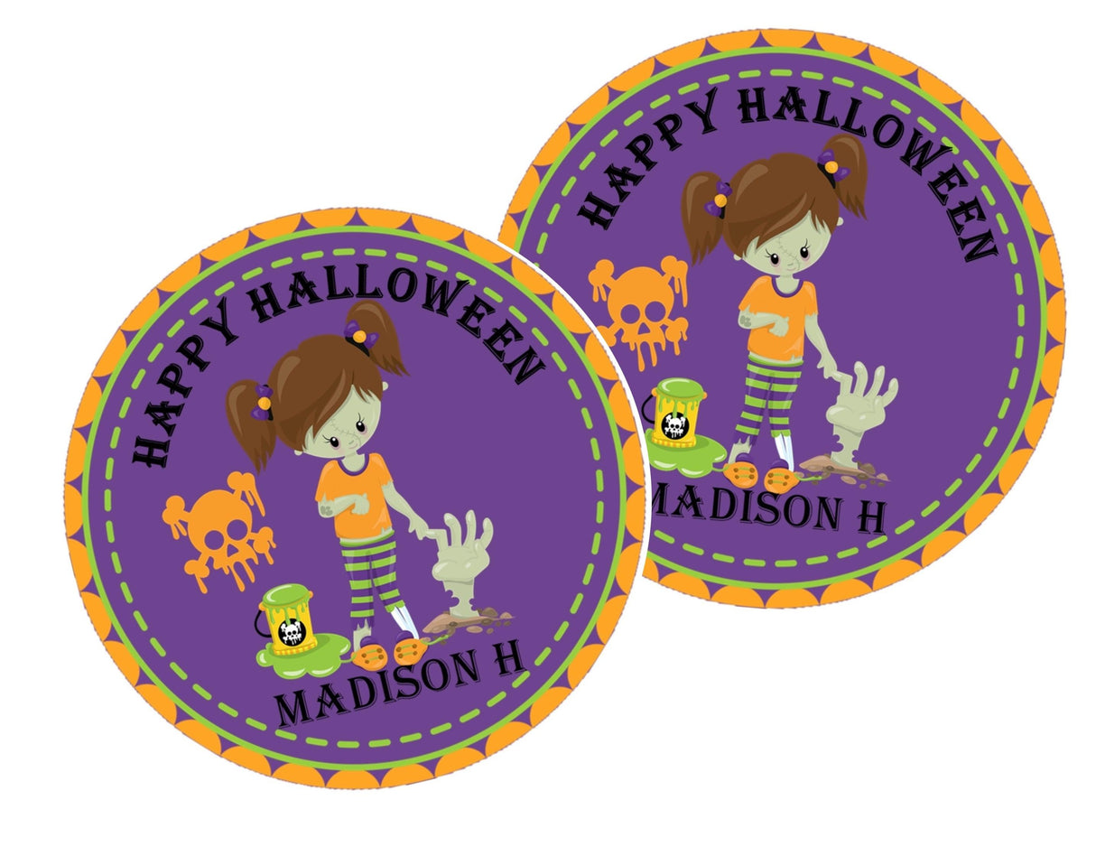 Personalized zombie girl favor label for kids Halloween celebrations