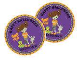 Personalized zombie girl favor label for kids Halloween celebrations