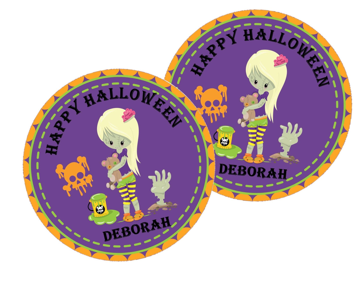 Personalized zombie party favor label for kids Halloween treat bags