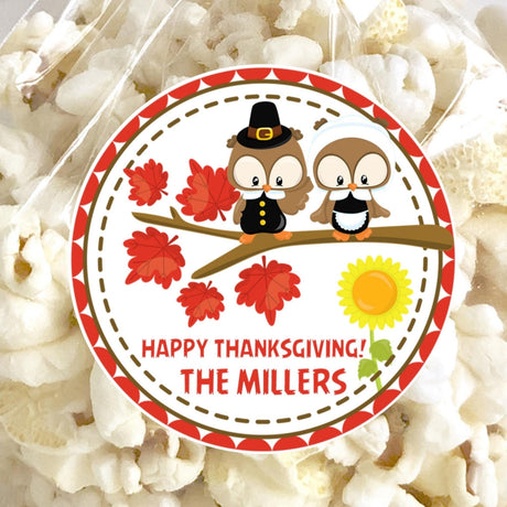 Pilgrim owl Thanksgiving sticker with fall leaves and branch scene