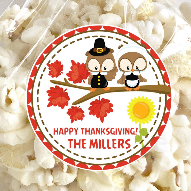 Pilgrim owl Thanksgiving sticker with fall leaves and branch scene