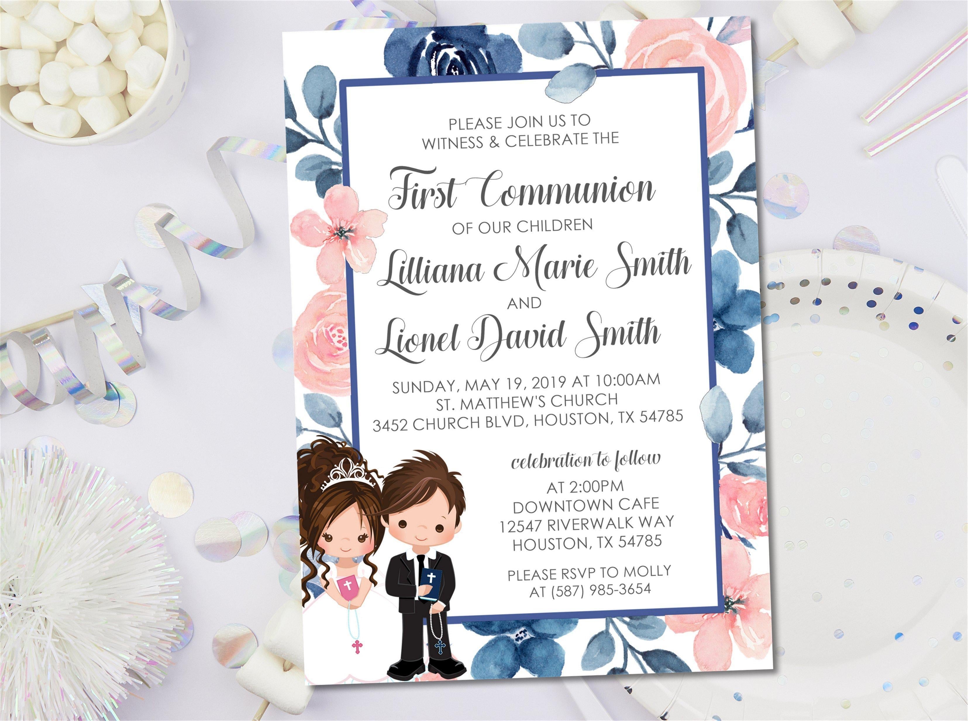 Pink And Blue Siblings And Twins First Communion Invitations