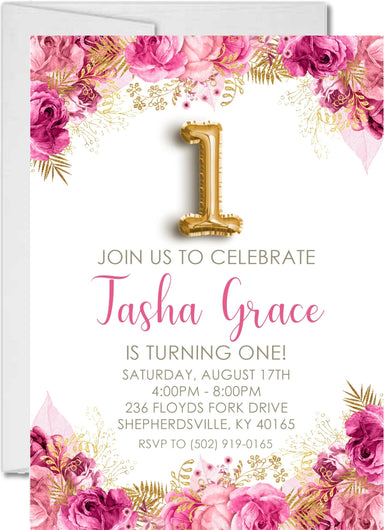Pink And Gold 1st Birthday Party Invitations