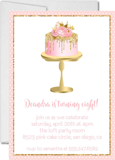 Pink And Gold Cake Birthday Party Invitations