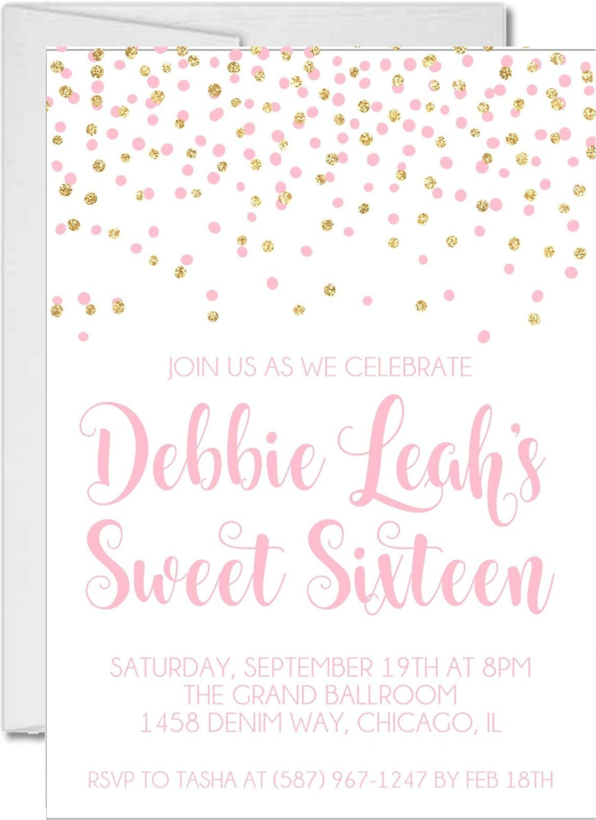 Pink And Gold Confetti Sweet 16 Party Invitations
