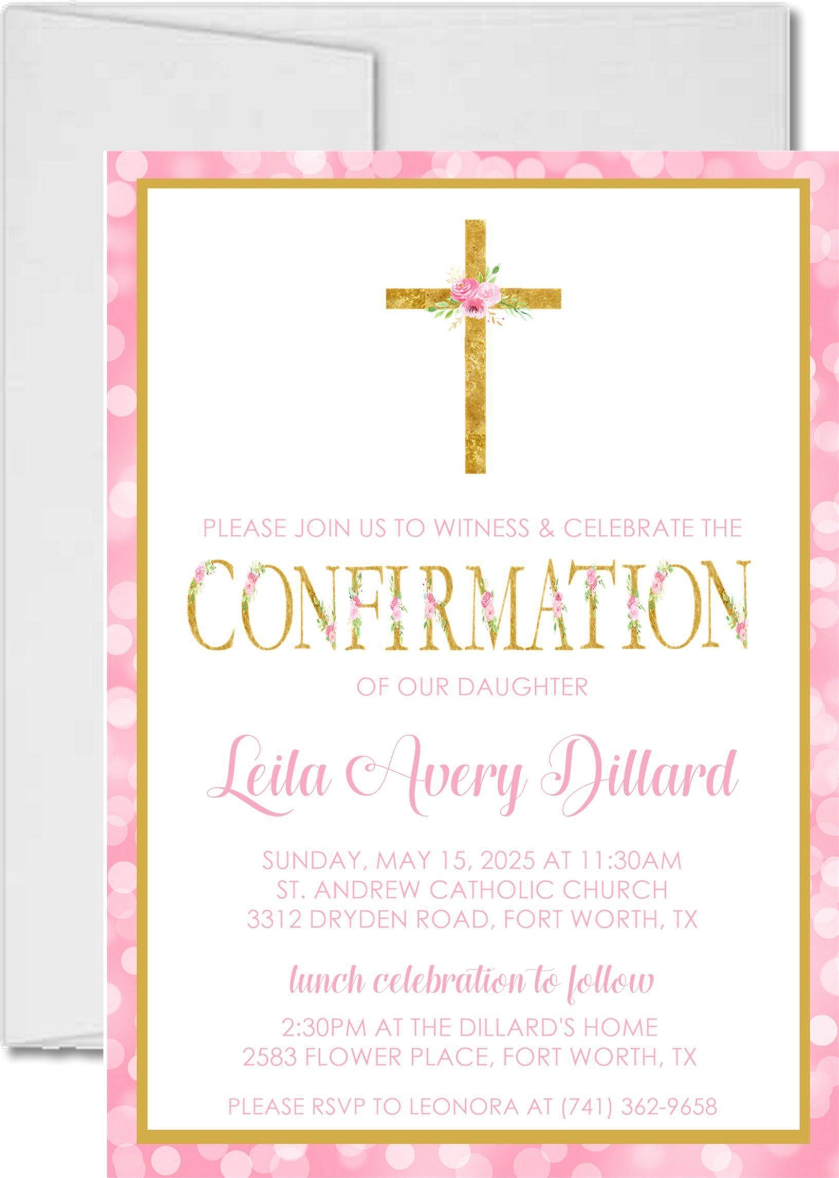 Pink And Gold Confirmation Invitations