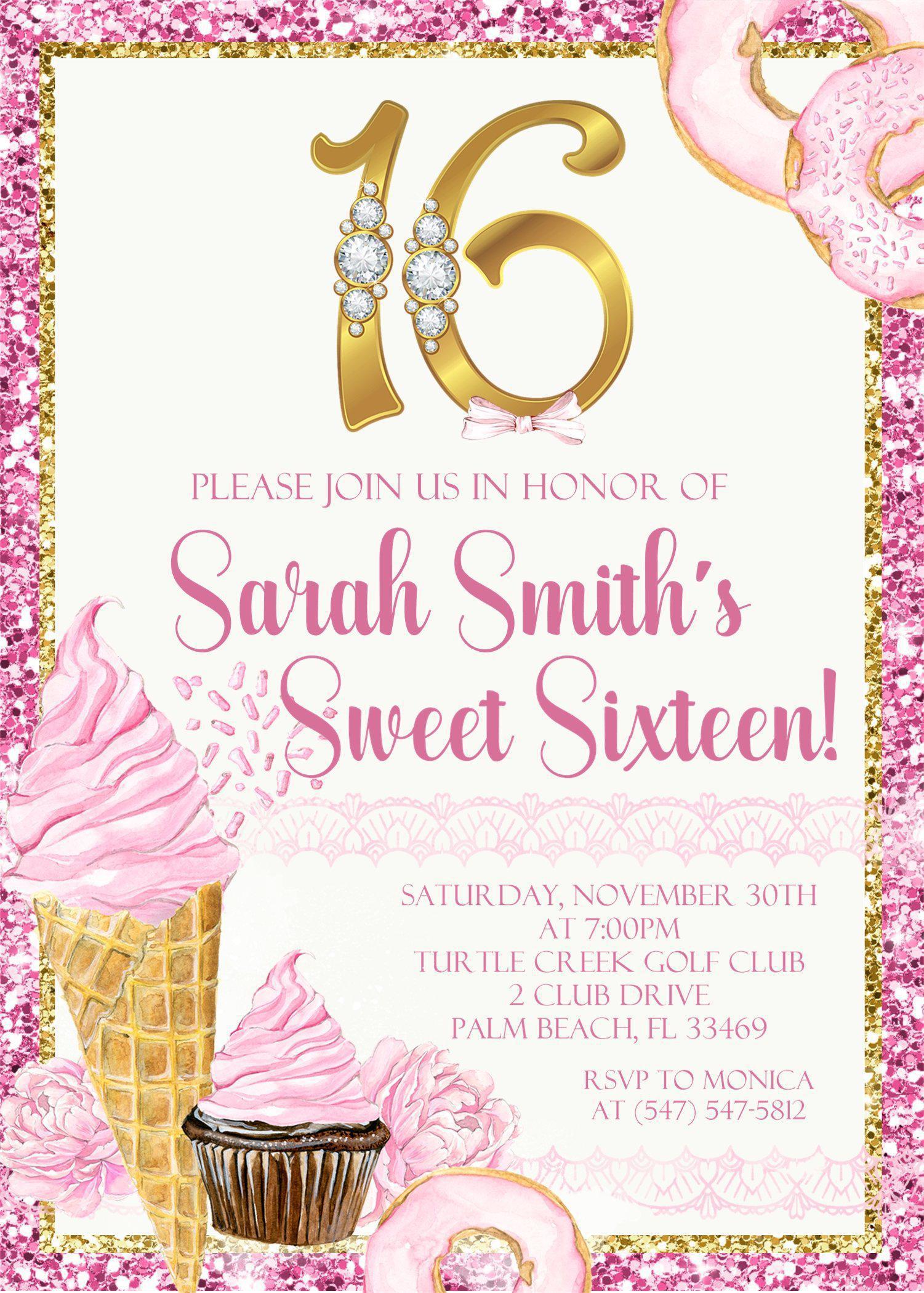 Pink And Gold Sweets Sweet 16 Invitations