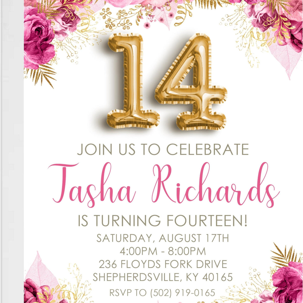 Pink and Gold Floral Birthday Invitations – Balloon Number Invitations ...
