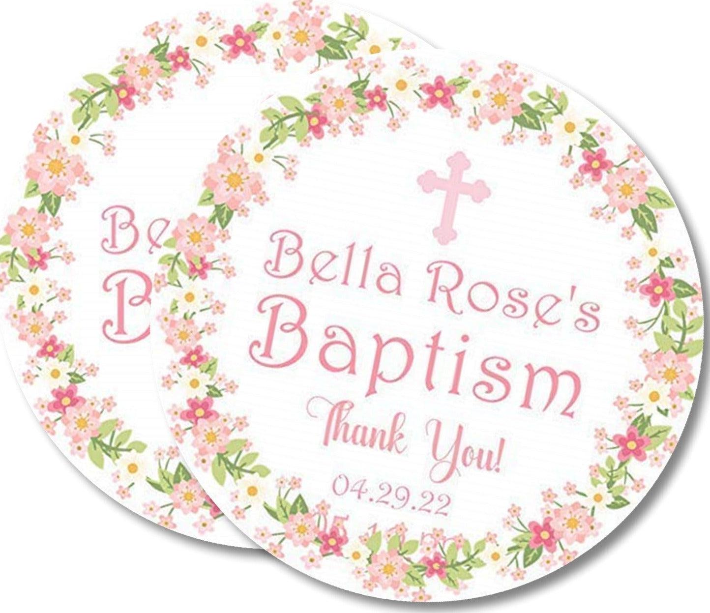 Pink And Green Floral Baptism Stickers Or Favor Tags