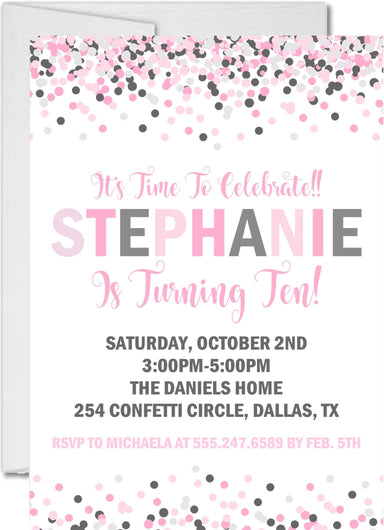 Pink And Grey Confetti Birthday Party Invitations
