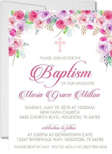 Pink And Purple Baptism Invitations