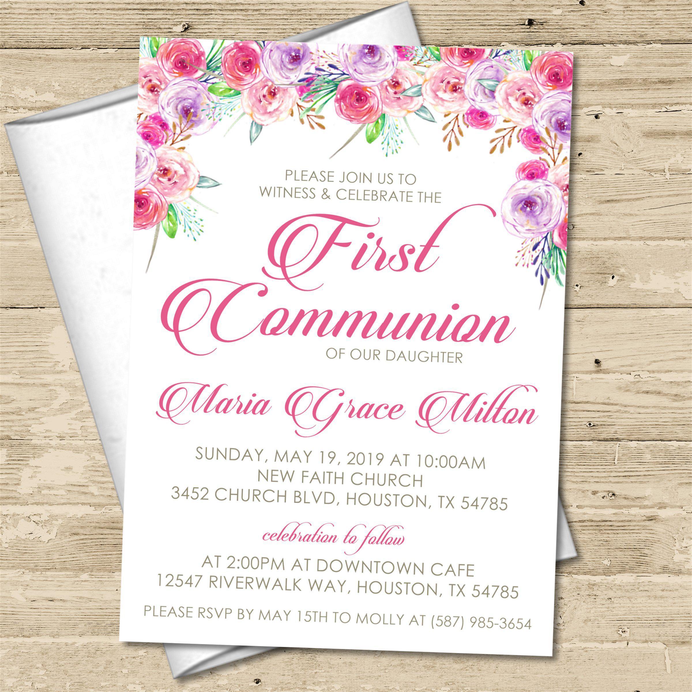 Pink And Purple First Communion Invitations