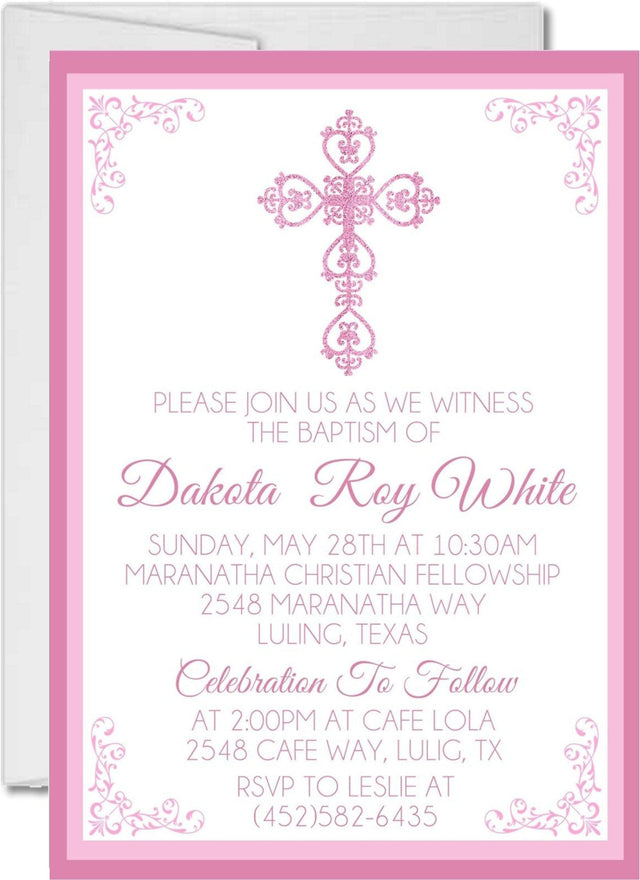Pink And White Baptism Invitations