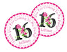 Pink & Black Floral Sweet 16 Birthday Party Stickers