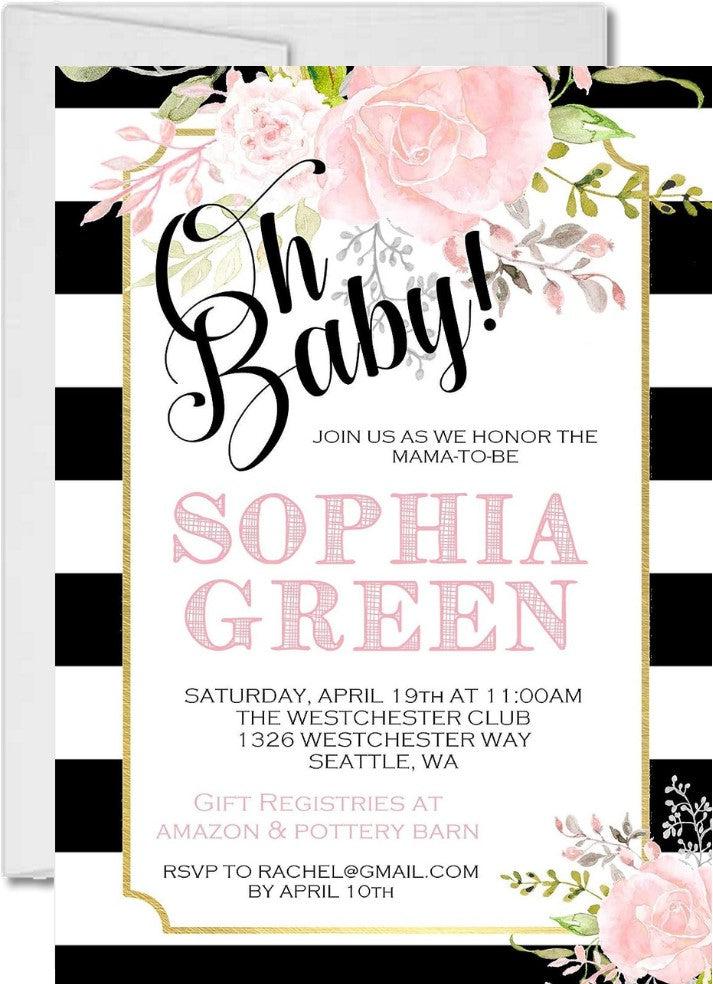 Pink Black & White Floral Baby Shower Invitations