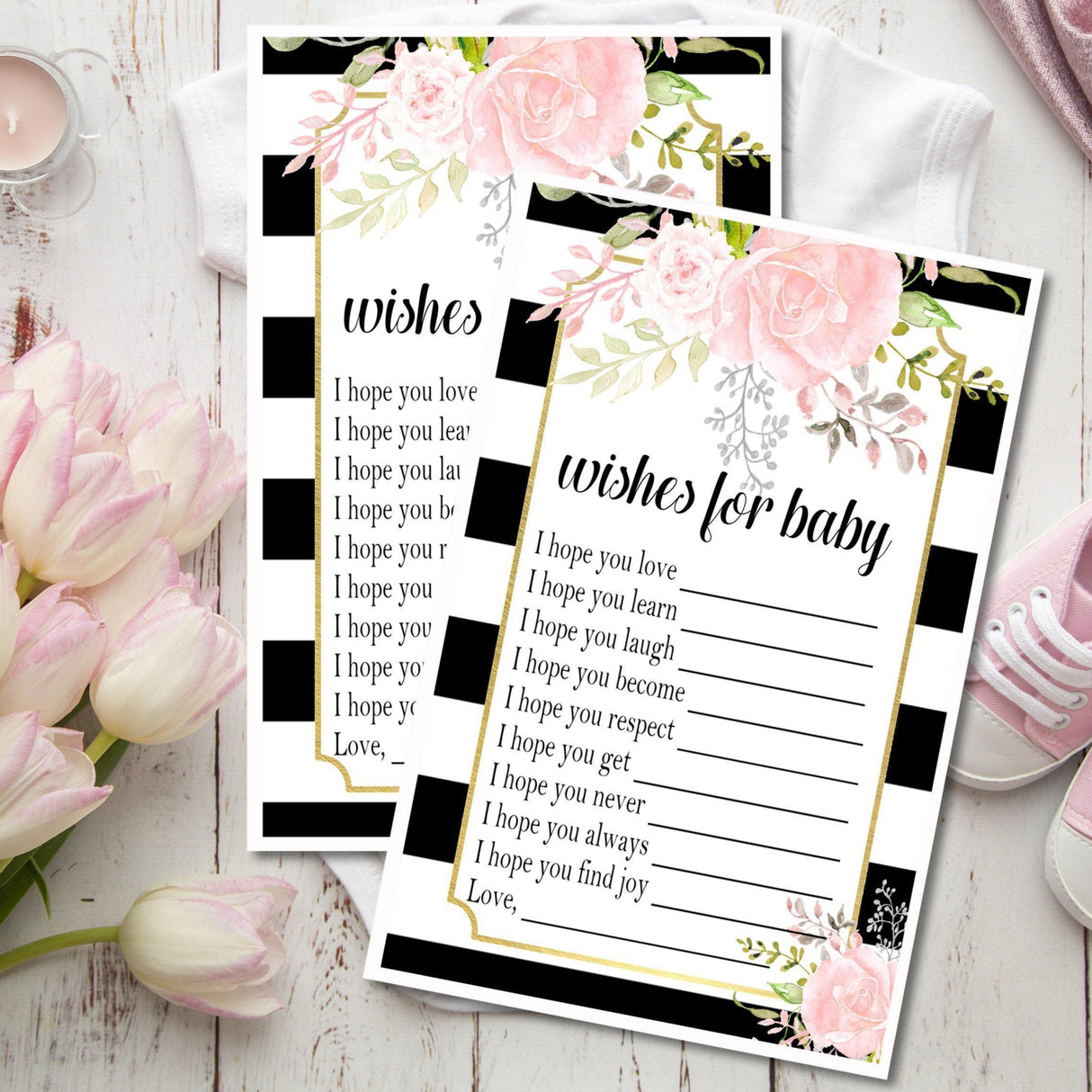 Pink, Black & White Floral Baby Shower Wish Cards