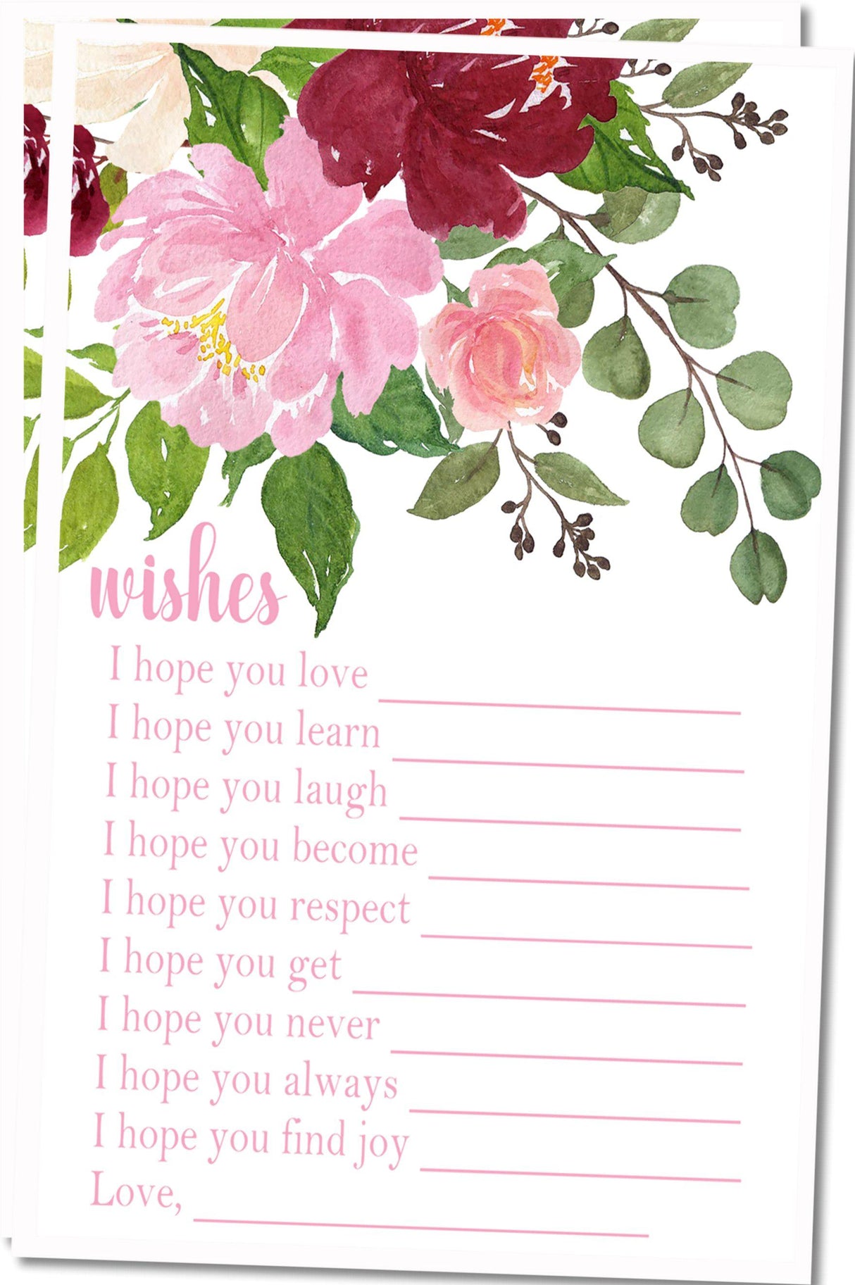 Pink & Burgundy Floral Baby Shower Wish Cards