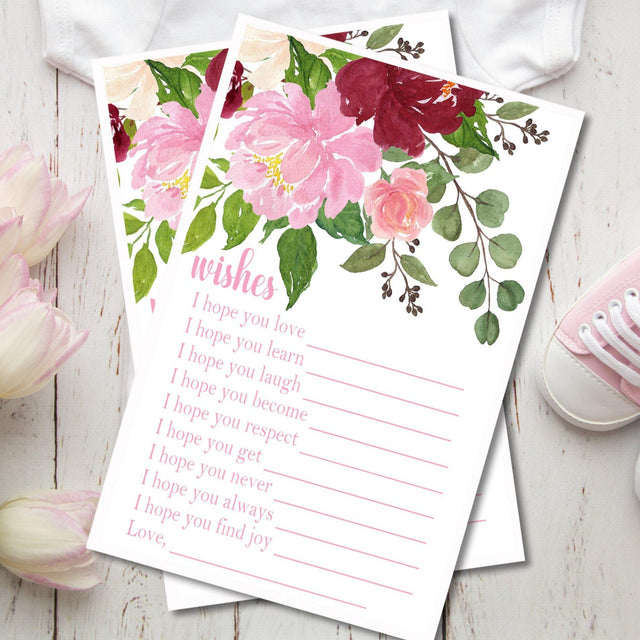Pink & Burgundy Floral Baby Shower Wish Cards