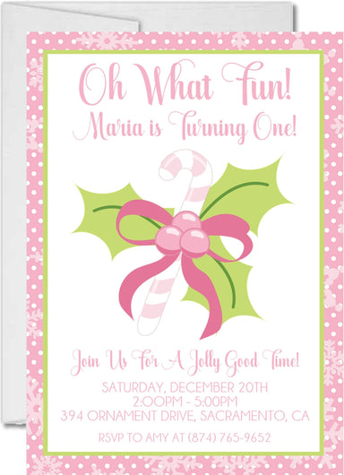 Pink Christmas 1st Birthday Party Invitations