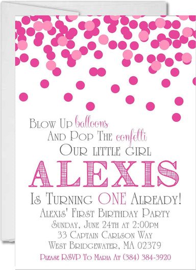 Pink Confetti 1st Birthday Party Invitations