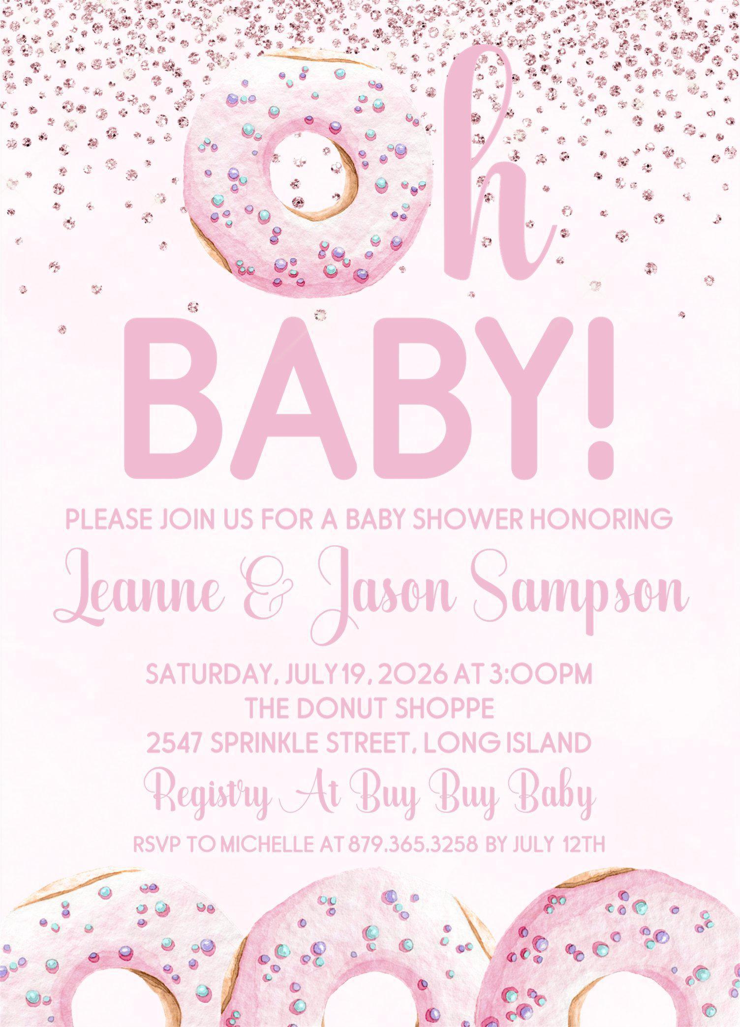 Pink Doughnut Baby Shower Invitations