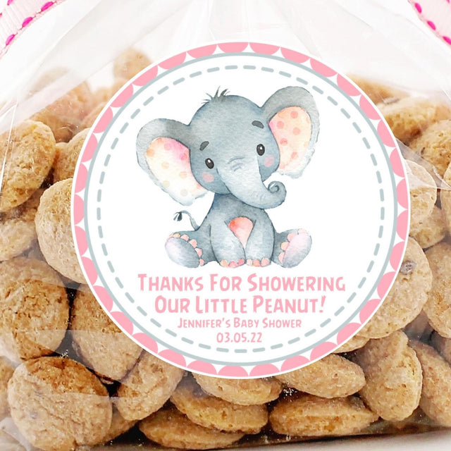 Pink elephant baby shower stickers – Little Peanut watercolor design